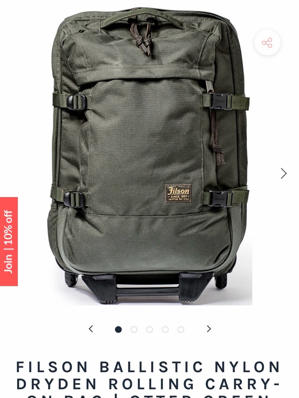 Filson Olive Green Ballistic Nylon Rolling Carry-On Bag